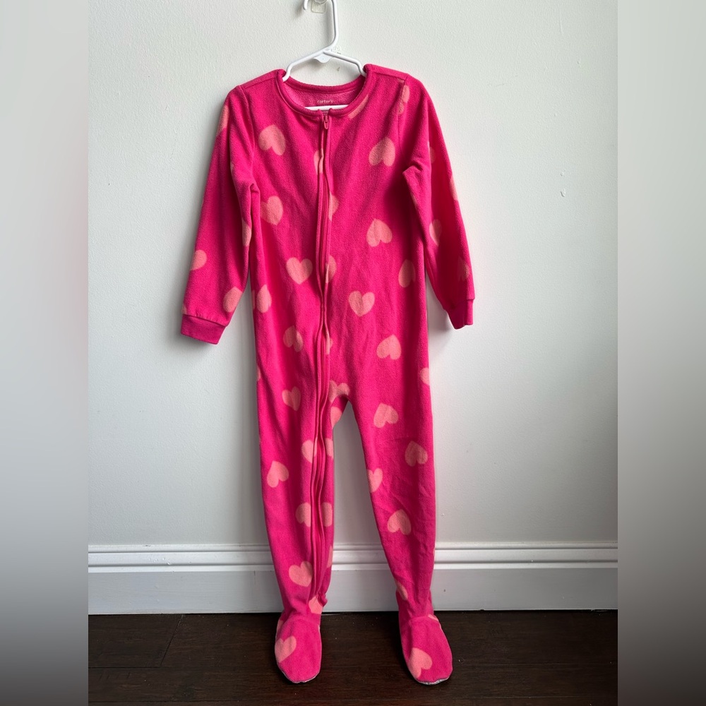 CARTERS - Pink Heart Kids Fleece Footed Onesie Pajamas 5A/5T